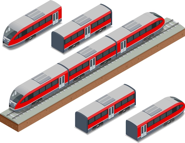 Vías de tren isométricas y moderno tren de alta velocidad ilustración isométrica vectorial de un tren rápido. vehículos diseñados para transportar un gran número de pasajeros.