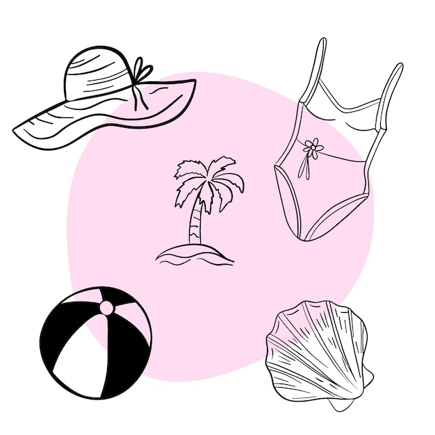 Vibe de verano conjunto línea diseño dibujado a mano sombrero de sol pelota concha de palma traje de baño