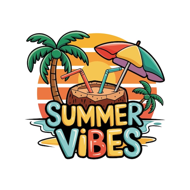 Vibes de verano bebida de coco con diseño de camiseta vectorial de paraguas