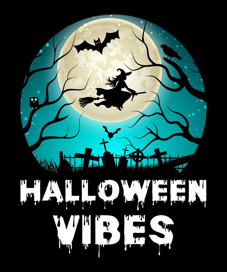 Vibraciones de Halloween Feliz Halloween bruja murciélago tumba miedo luna oscura noche vintage retro diseño de camisa