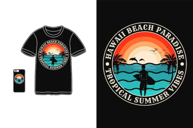 Vibraciones de la playa de hawaii, estilo retro de la silueta del diseño de la camiseta