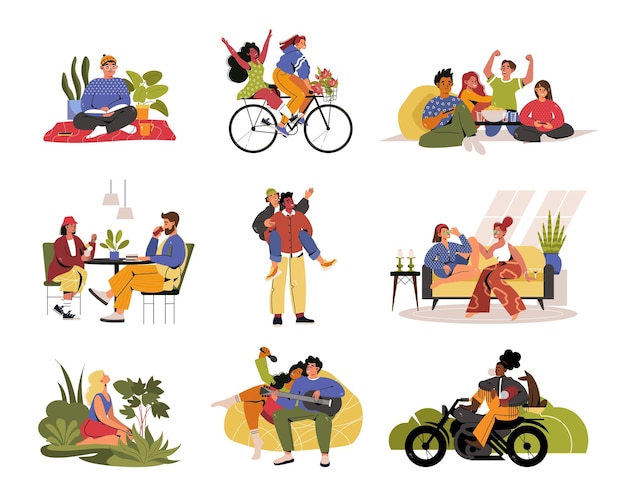 Vibraciones positivas con gente feliz ilustración vectorial aislada plana