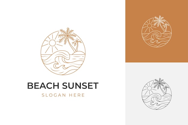 Vibraciones de verano y logotipo de paraíso con elemento de símbolo de arte de línea de playa tropical para el logotipo de vacaciones de verano Diseño plano de ilustración vectorial