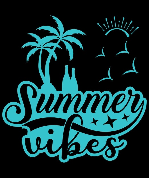 Vibraciones de verano con palmera y botella de champán Plantilla de diseño de camiseta vectorial