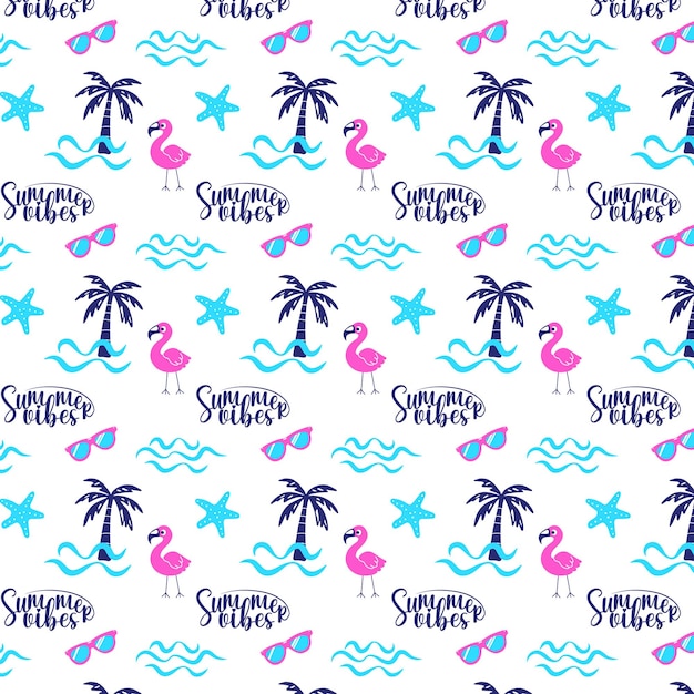 Las vibraciones del verano, el patrón brillante y sin costuras, las olas del mar de palma, el flamenco rosado, las gafas de sol de estrella de mar, se repiten sobre un fondo blanco, la ilustración vectorial de moda en estilo moderno.