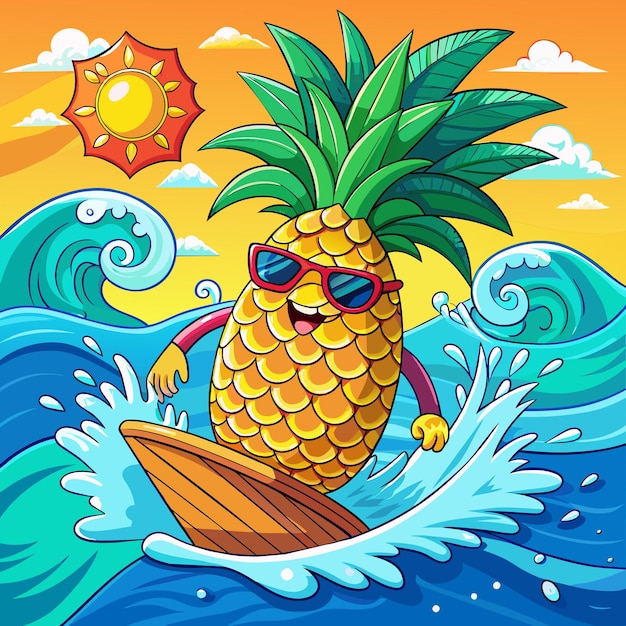 Vibraciones de verano surfeando camiseta de piña diseño arte vectorial e ilustración