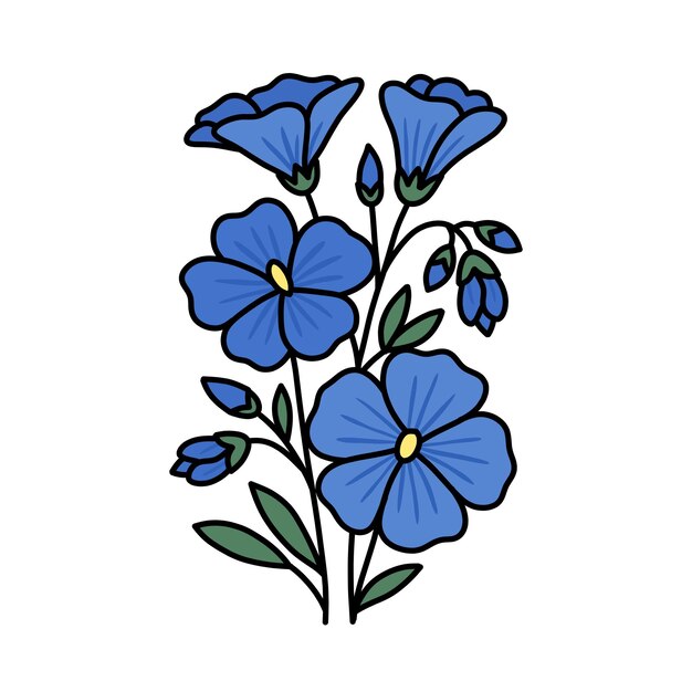 Vibrant Blue Flowers Illustration with Green Stems and Leaves