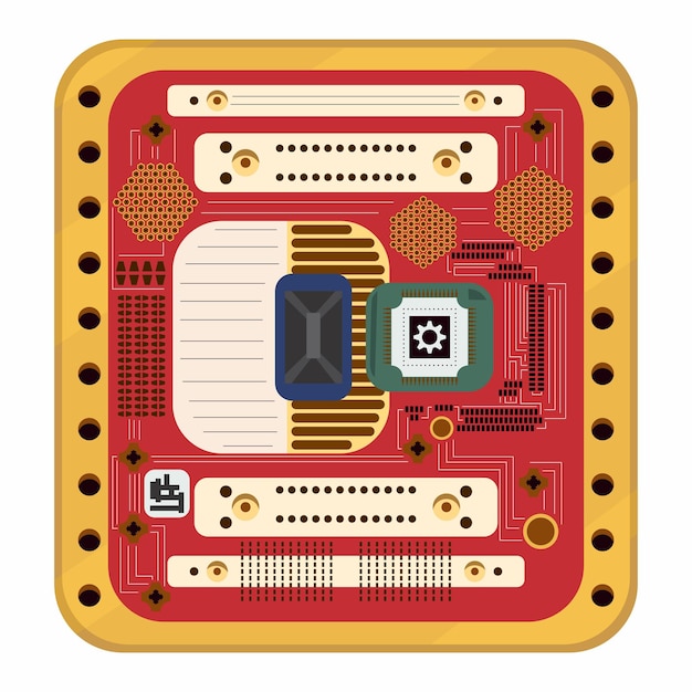 A vibrant illustration of a detailed circuit board