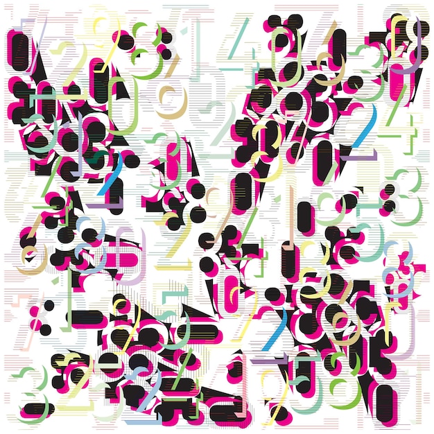 Vibrant repeat text pattern in abstract design with an array of numbers and letters interwoven