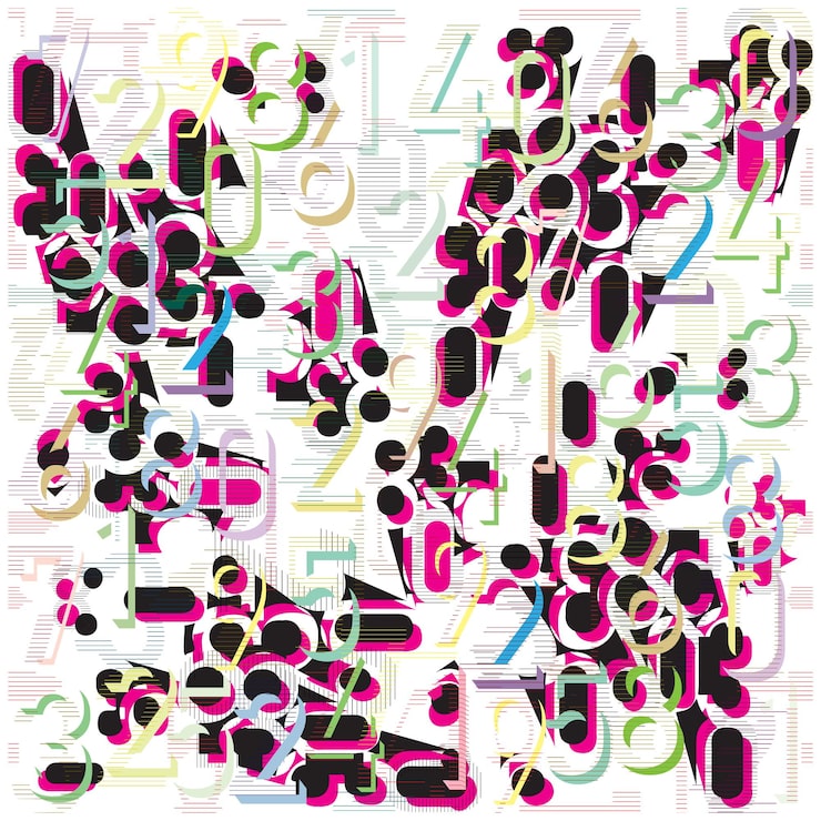 Vector vibrant repeat text pattern in abstract design with an array of numbers and letters interwoven