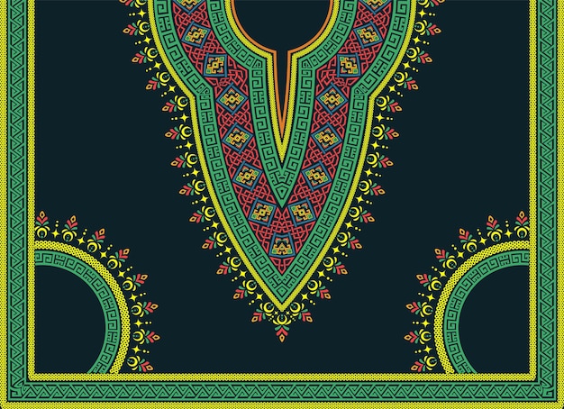 Vector vibrante y antiguo patrón de escote intrincado para la camisa dashiki africana