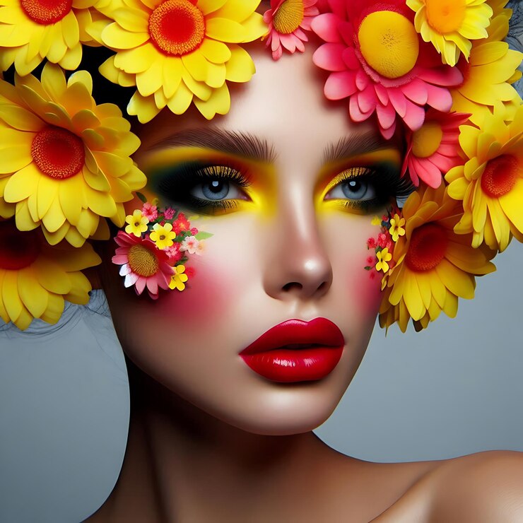 Vector vibrante arreglo floral rodeó un hermoso retrato de chica de fondo amarillo ilustración