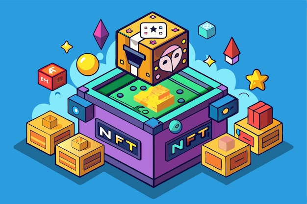 Una vibrante caja NFT se encuentra en el centro rodeada de varios objetos de colección digitales y formas geométricas Caja NFT en Blockchain P2E Crypto Games Ilustración Nuevo juego criptográfico