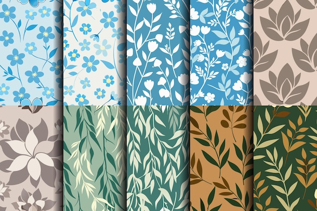 Una vibrante colección de patrones florales y foliares en suaves tonos azul-verde y terrosos