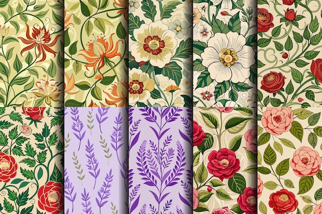 Una vibrante colección de patrones florales en varios colores y estilos