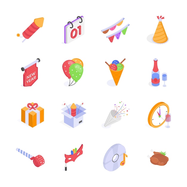 Este vibrante conjunto de iconos isométricos representa varios elementos de la víspera de Año Nuevo y de la fiesta