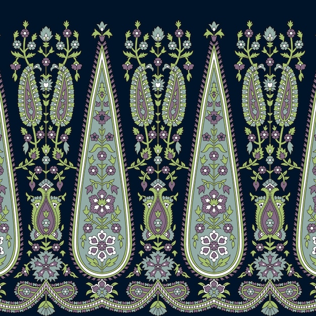 Un vibrante diseño paisley sobre un fondo oscuro que repite un patrón de borde sin costuras