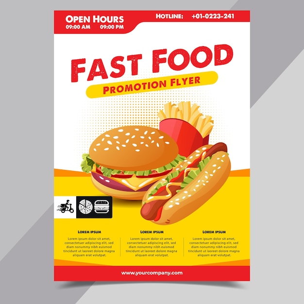 Vibrante diseño de volante de promoción de comida rápida con perrito caliente de hamburguesa y papas fritas