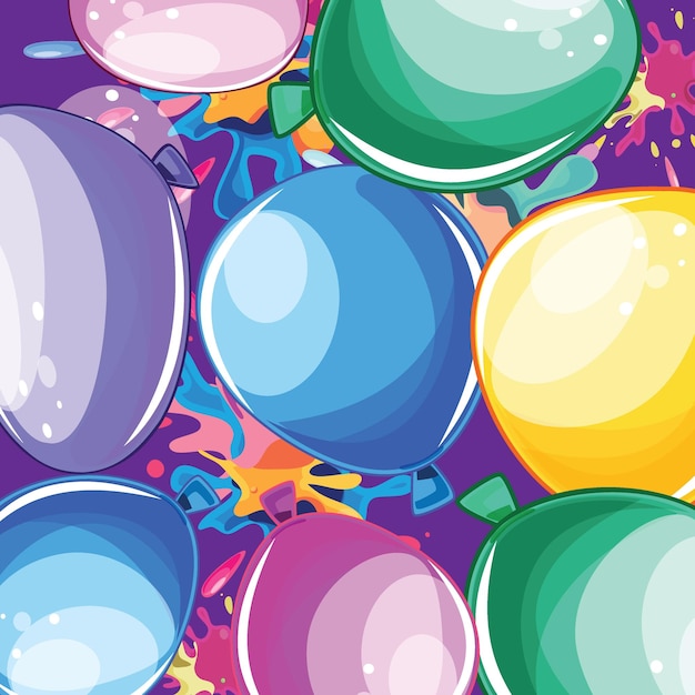 Vibrante estandarte del festival Holi con globos de colores y salpicaduras de polvo