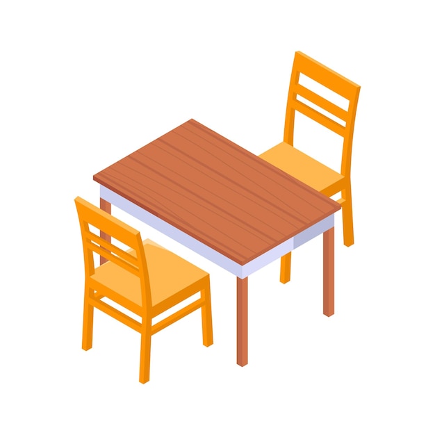 Un vibrante icono isométrico representa una simple mesa de comedor con dos sillas