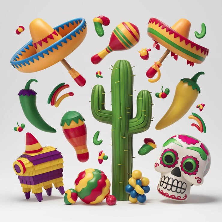 Vector una vibrante ilustración en 3d de varios elementos mexicanos