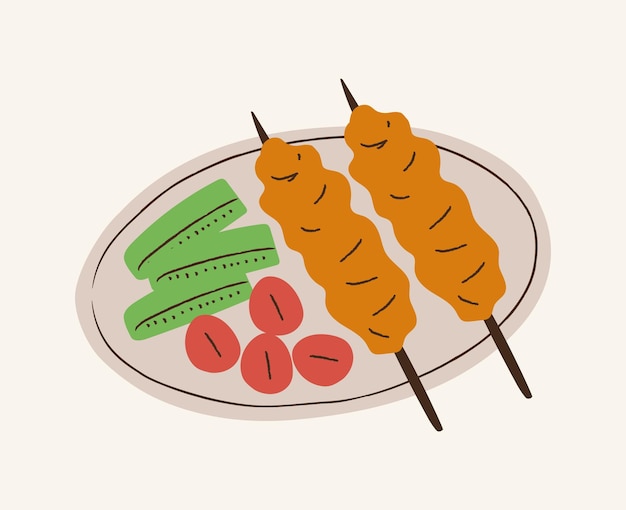 Vector vibrante ilustración de comida culinaria plato de brochetas de pollo a la parrilla