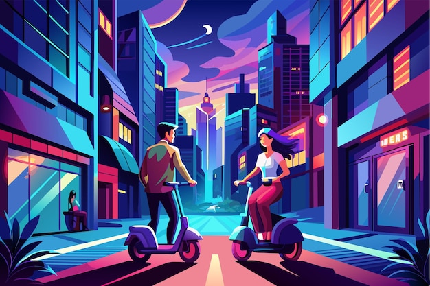 Una vibrante ilustración digital de dos personas montando scooters eléctricos en una calle de la ciudad iluminada por neón por la noche con edificios futuristas y cielos giratorios