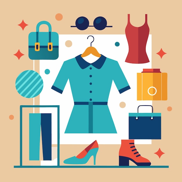 Una vibrante ilustración de estilo plano que muestra una colección de artículos de moda La ilustración presenta un vestido pantalones zapatos un bolso gafas de sol y una camiseta