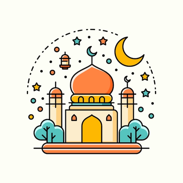 Una vibrante ilustración de una mezquita con estilo de arte de línea y color plano perfecto para un evento islámico