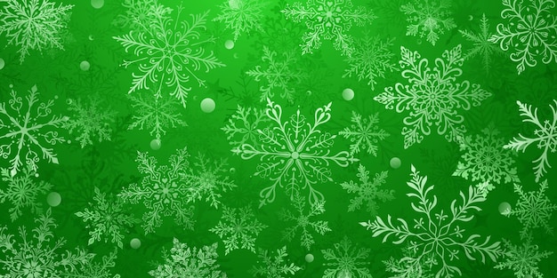 Una vibrante ilustración navideña con grandes copos de nieve intrincados en varios diseños en capas con profundidad intercalados con pequeños círculos blancos sobre fondo verde