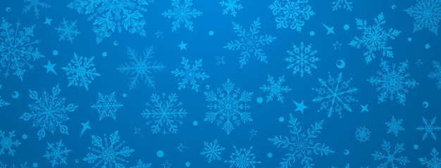 Una vibrante ilustración navideña con intrincados copos de nieve de varios tamaños y diseños intercalados con estrellas y elementos circulares en tonos azules