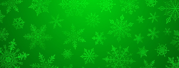 Una vibrante ilustración navideña con varios copos de nieve intrincados de diferentes tamaños y diseños en tonos verdes