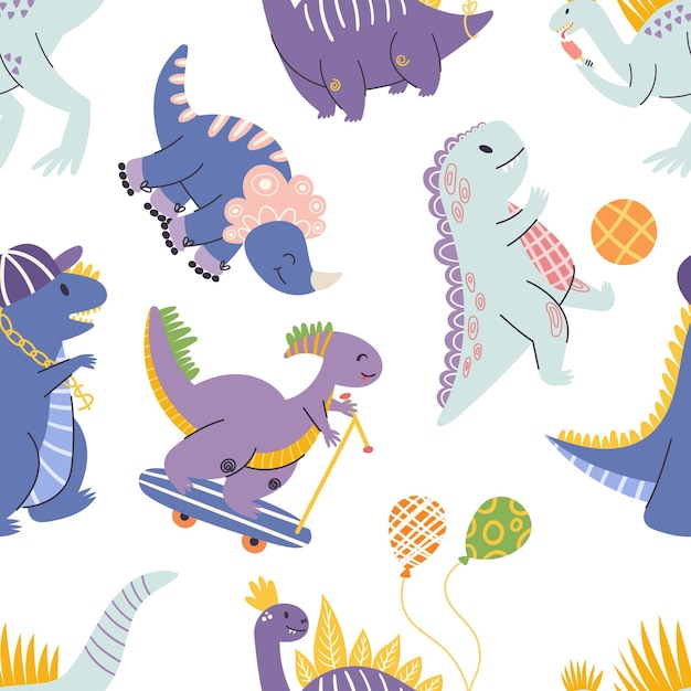 Vibrante y juguetón patrón sin costuras con adorables dinosaurios en varias poses y colores juegan con bolas, globos y scooters para niños, decoración, papel textil, ilustración vectorial de dibujos animados