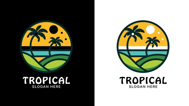 Un vibrante logotipo de playa tropical en blanco y negro