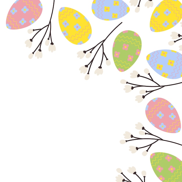 Vibrante marco de esquina frontera de huevos de Pascua y primavera ramas de flores copiar el espacio saludos de Pascua