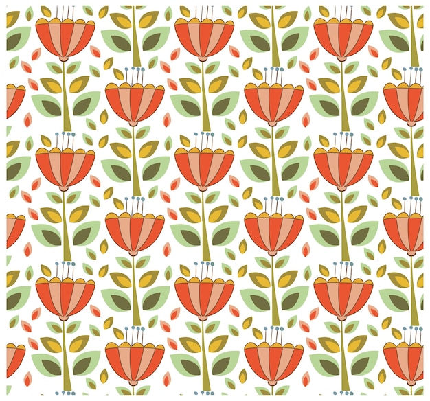 Un vibrante patrón floral con flores naranjas estilizadas y hojas verdes sobre un fondo blanco