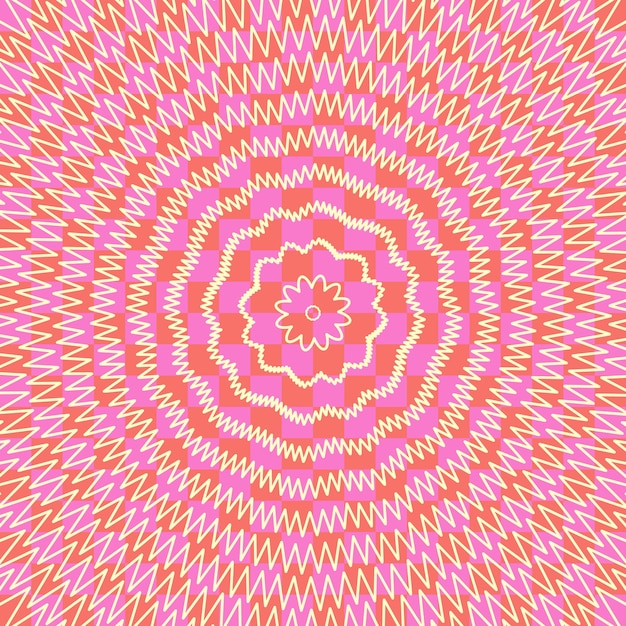 Vibrante patrón geométrico abstracto con líneas concéntricas en zigzag y simetría radial en rosa naranja