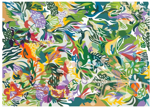 Una vibrante pintura abstracta con una variedad de plantas coloridas en formas y patrones dinámicos