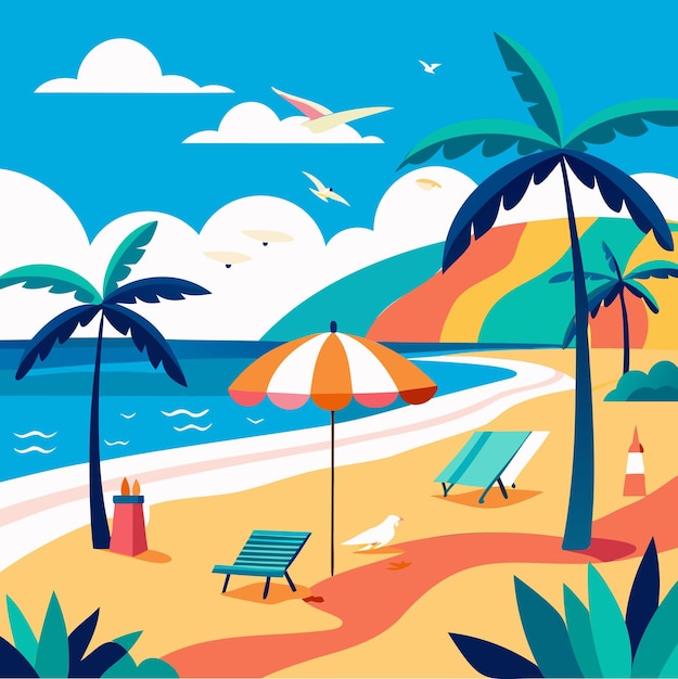 vibrante playa de verano con palmeras gaviotas lúdicas y olas ondulantes arte vectorial
