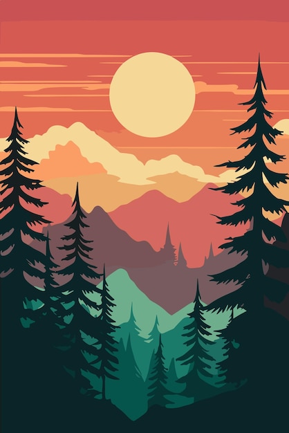 vibrante puesta de sol sobre el bosque de pinos y la cordillera