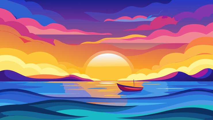 Vibrante puesta de sol sobre el océano tranquilo con un pequeño barco Ilustración de paisajes marinos pacíficos