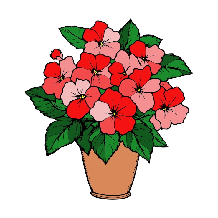 Vector un vibrante ramo de flores rojas y rosas en una olla que trae color a cualquier espacio