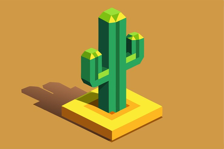 Vector una vibrante representación isométrica de un cactus saguaro colocado en una base geométrica muestra la creatividad ilustración isométrica personalizable de un caktus saguario