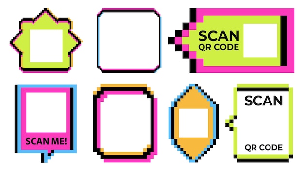 vibrante retro geométrico Neon Pixe Y2K espacio de marco de código QR burbujas de habla y cajas en un conjunto de 8 bits