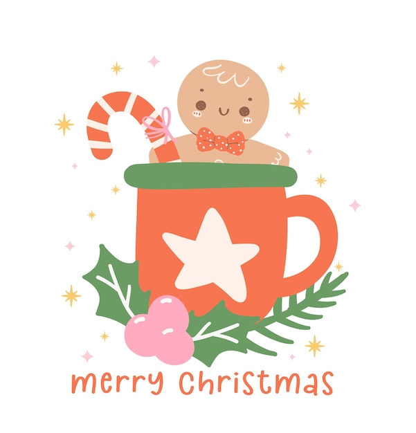 Vibrante tarjeta de Navidad linda tarjeta de felicitación de Navidad pan de jengibre en taza de bebida diseño plano Idea de tarjeta de felicitación