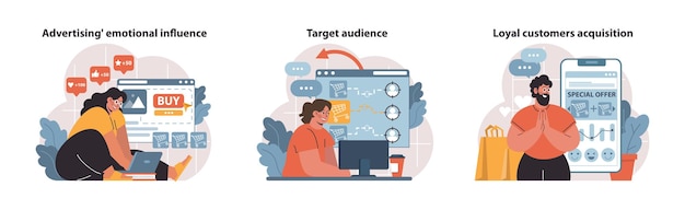 Un vibrante trío vectorial representa el impacto de la publicidad emocional la importancia de dirigirse a los