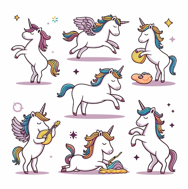 Vibrantes colores del arco iris unicornio conjunto de ilustración vectorial varias actividades