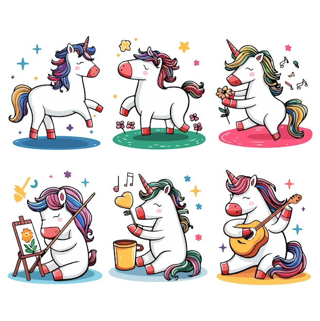 Vibrantes colores del arco iris unicornio conjunto de ilustración vectorial varias actividades