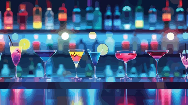 Vibrantes copas de cóctel multicolores expuestas en un mostrador transparente de la barra