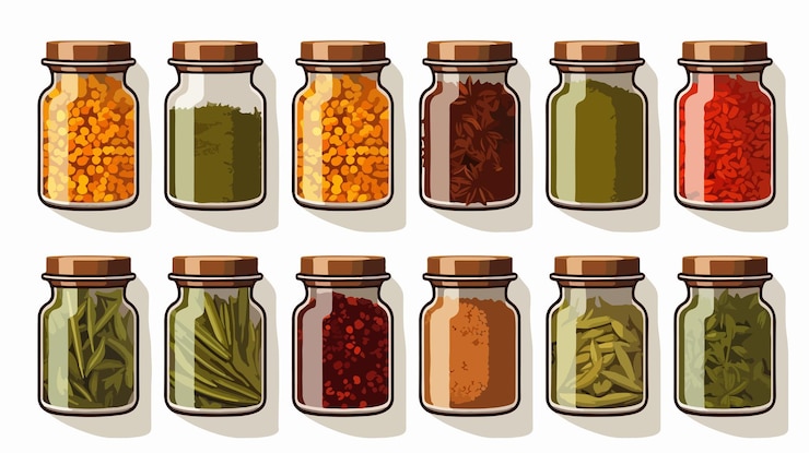 Vector vibrantes jarras de hierbas y especias con iconos de diseño realista aislado